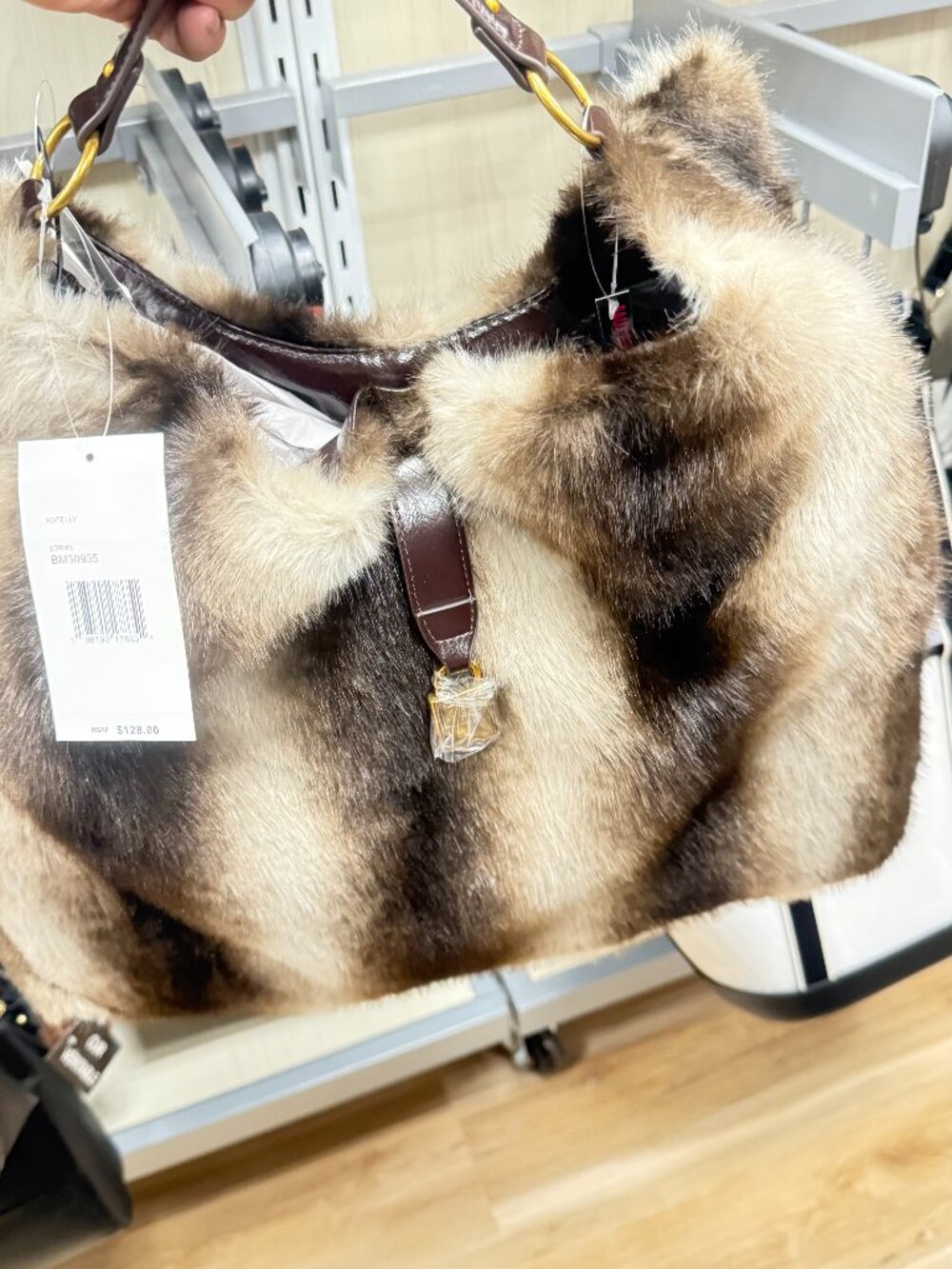 NWT BETSEY JOHNSON XOTELLY FAUX FUR STRIPE BROWN TONES W POUCH